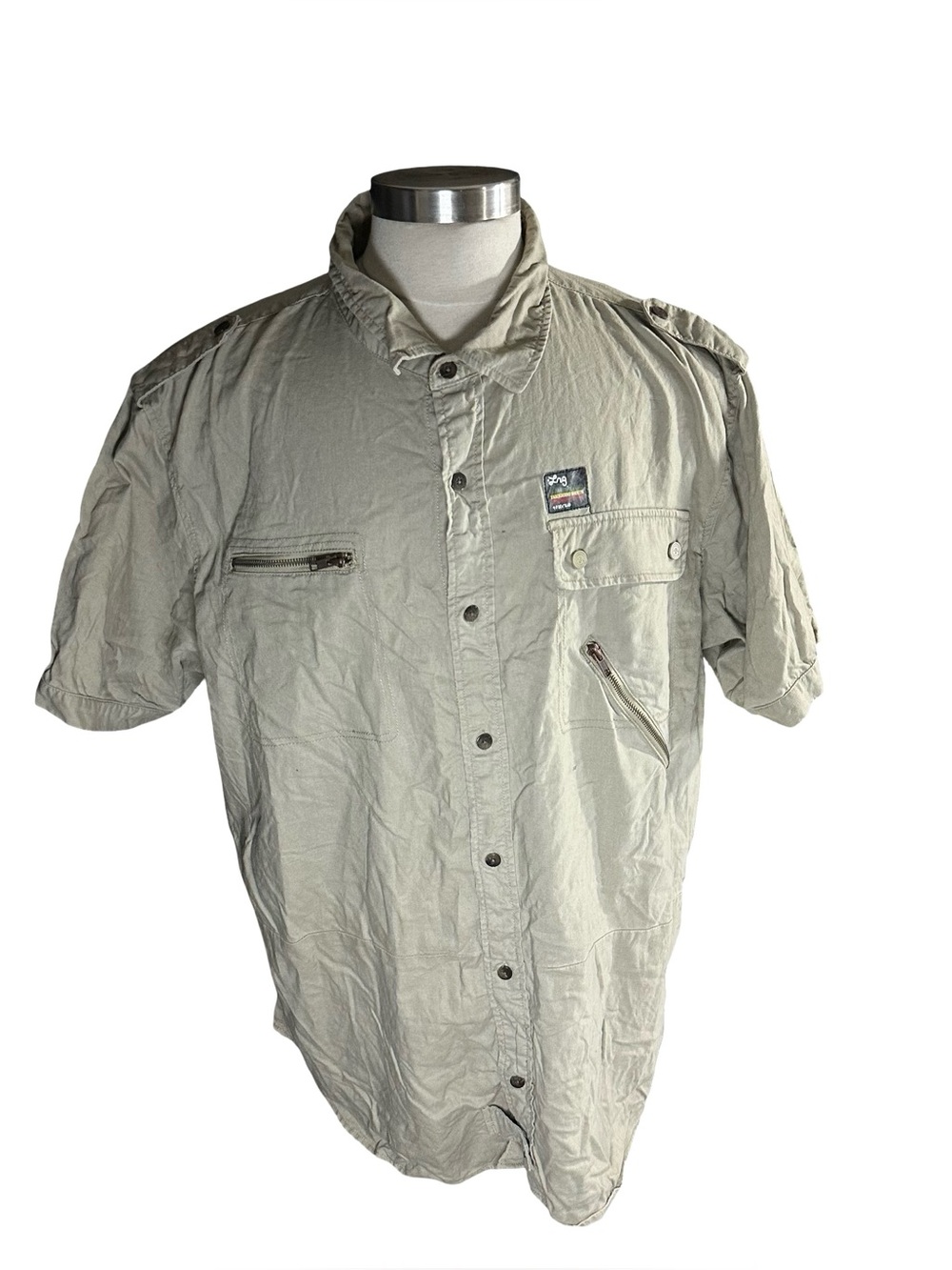 Vtg LRG Linen Blend Safari Tactical Shirt Sz 4XL Khaki Short Sleeve Button Down